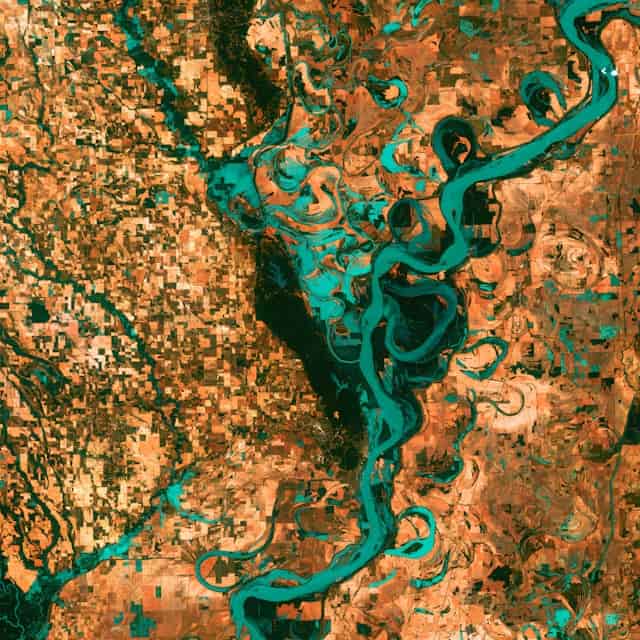 Aerial image of a river basin and agricultural fields